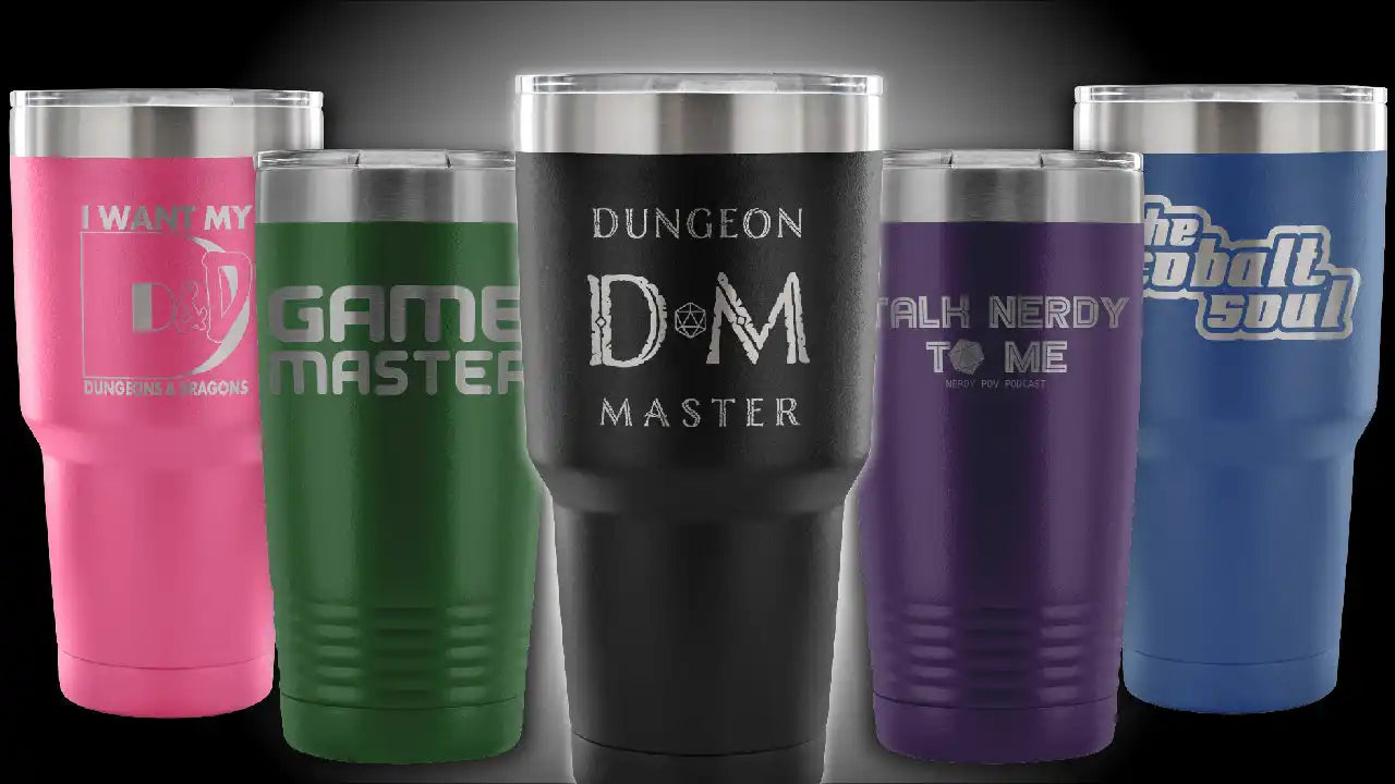 50 oz stainless steel tumbler with ’dungeon master’ engraving, available in multiple colors.