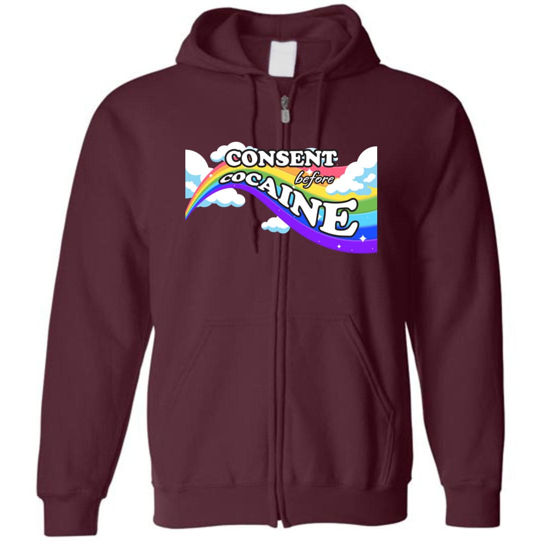 Consent before Cocaine Unisex Zip Hoodie - Maroon / S