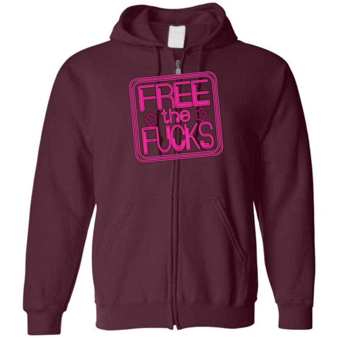 Free The Fucks Pink Neon Unisex Zip Hoodie - Maroon / S
