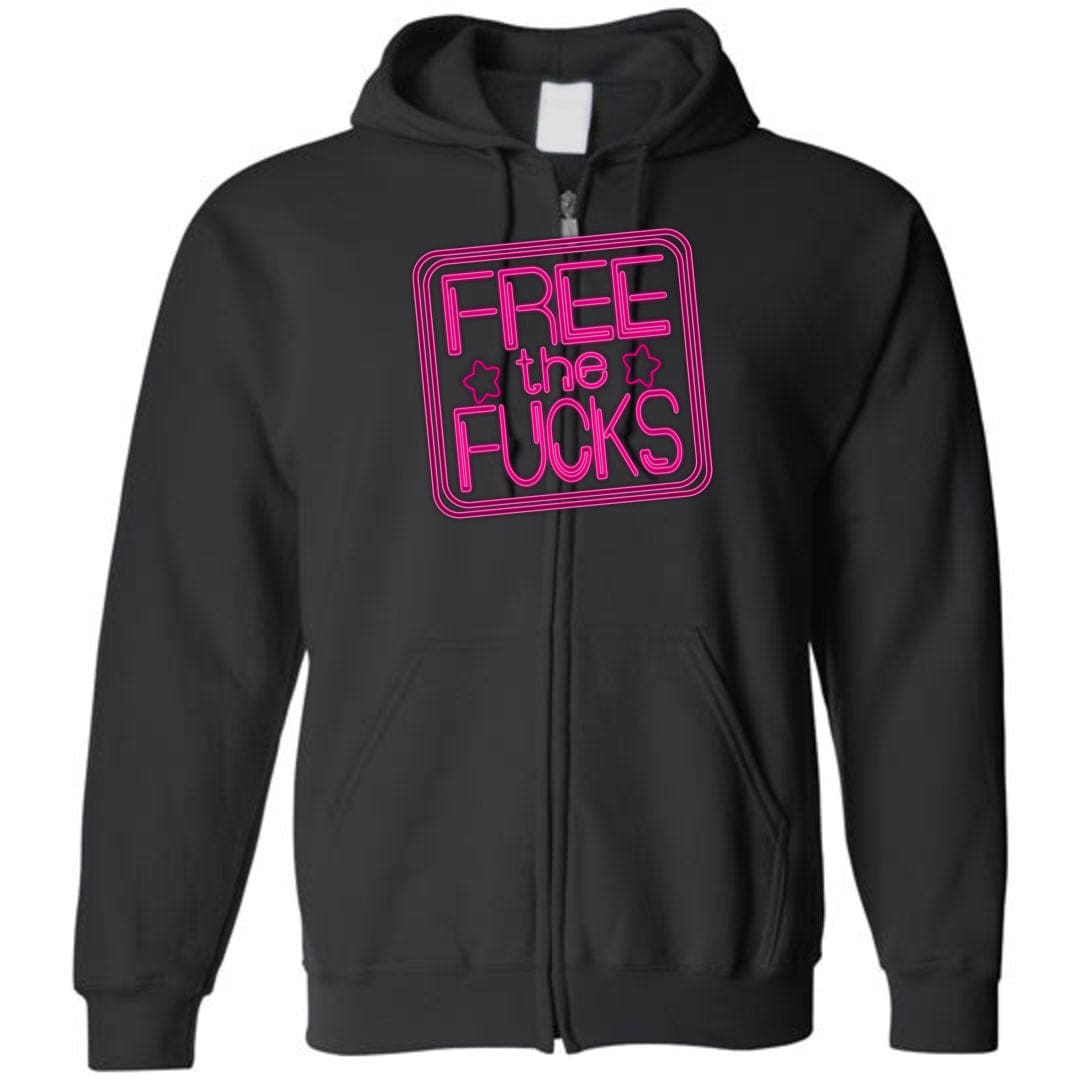 Free The Fucks Pink Neon Unisex Zip Hoodie - Black / S