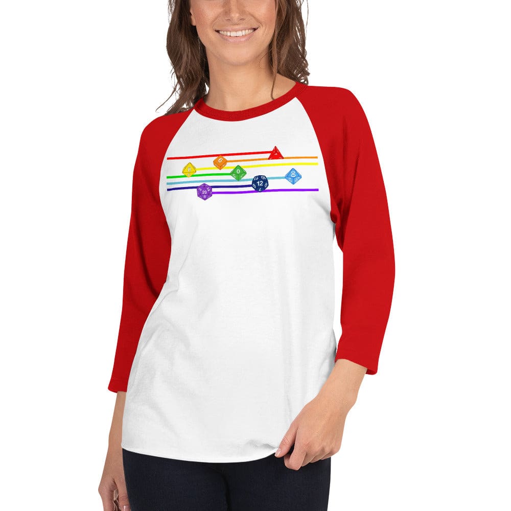 Polyhedral Pride Rainbow Dice Premium 3/4 Sleeve Raglan Shirt - White/Red / XS