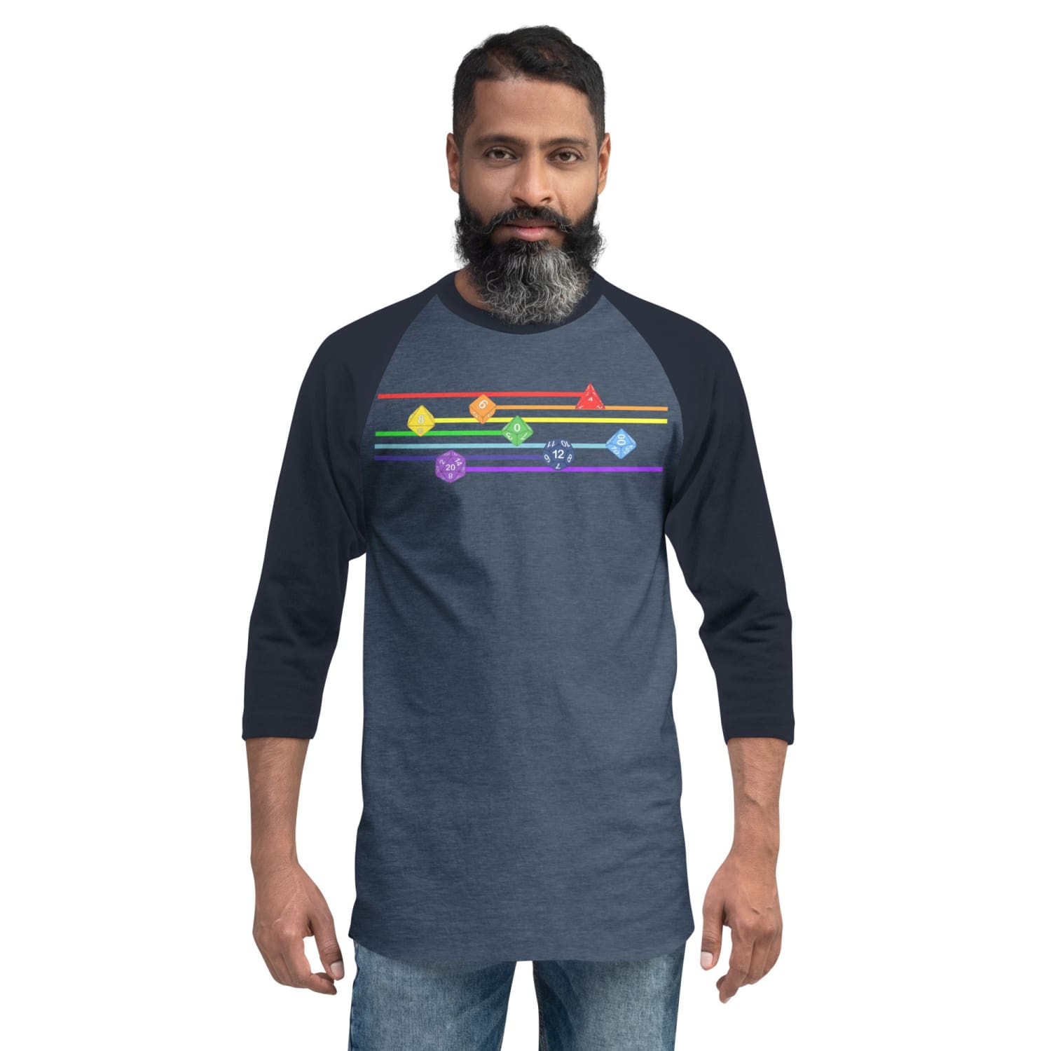 Polyhedral Pride Rainbow Dice Premium 3/4 Sleeve Raglan Shirt - Heather Denim/Navy / XS