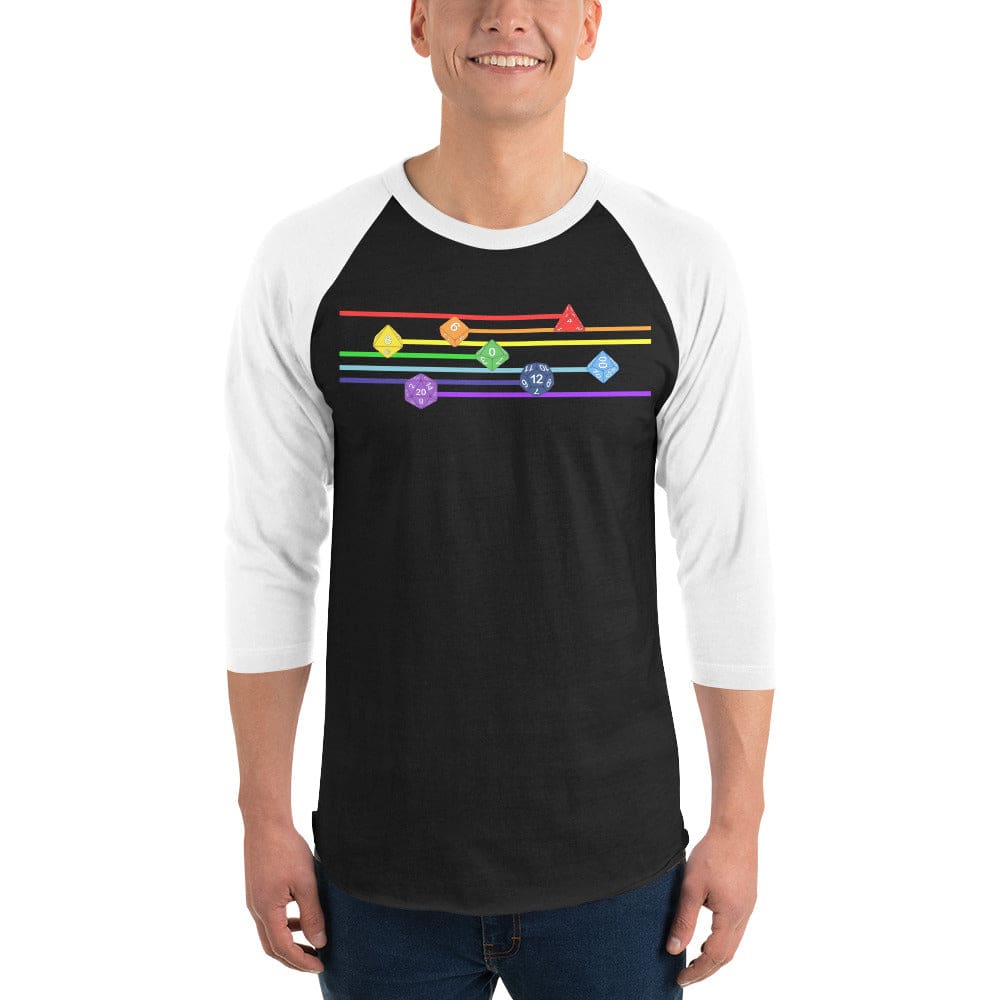 Polyhedral Pride Rainbow Dice Premium 3/4 Sleeve Raglan Shirt - Black/White / XS