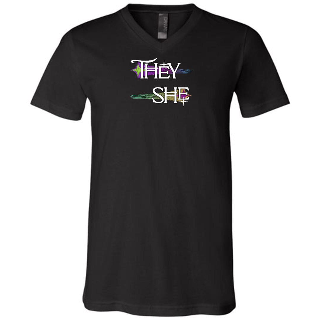 Pronoun Wishing Star They She Unisex Premium V-Neck Tee - Black / S