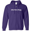 she/her/hag Unisex Zip Hoodie - Purple / S