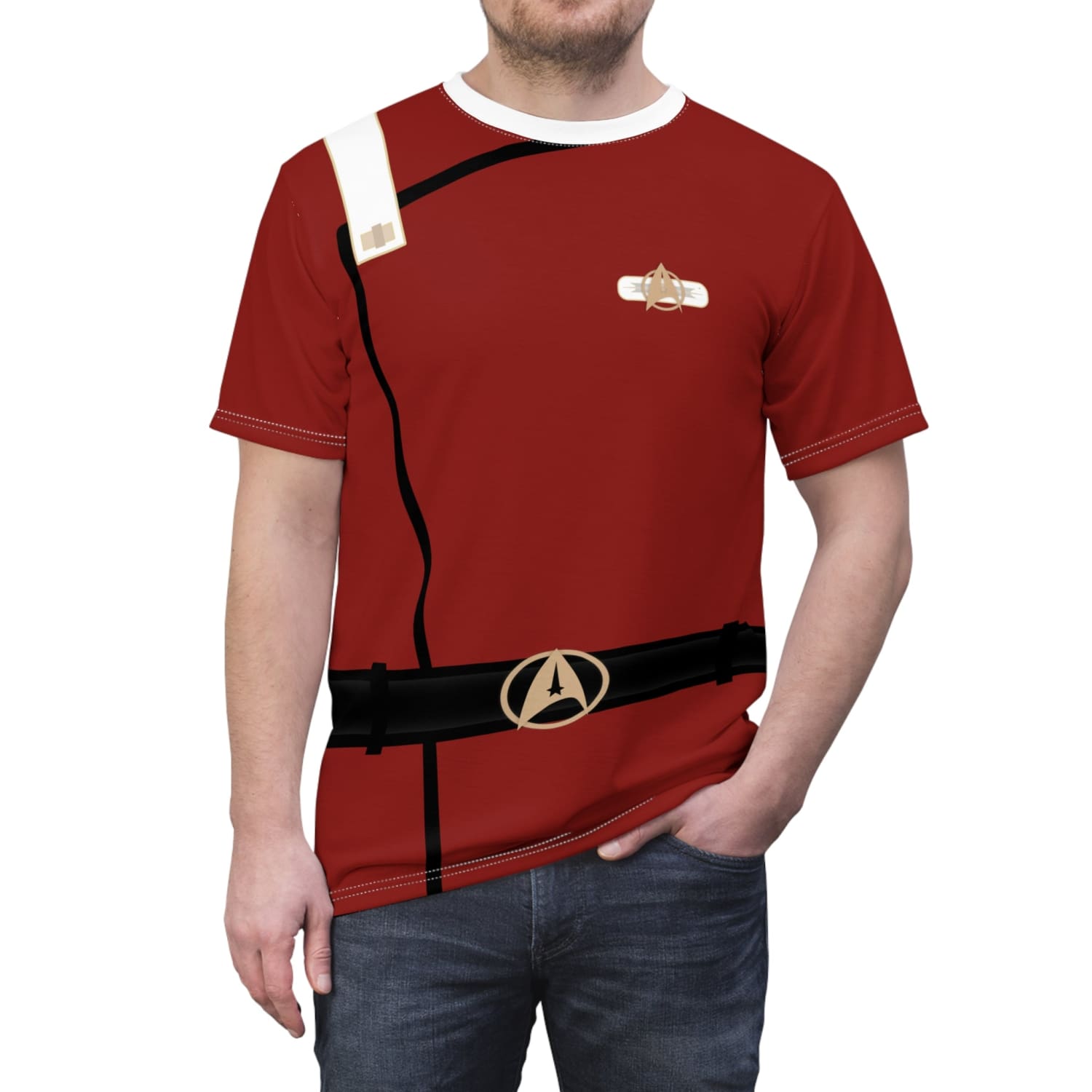 Trek Uniform Tee Movie - Command White - Unisex AOP Tee - Monster Maroon - All Over Prints
