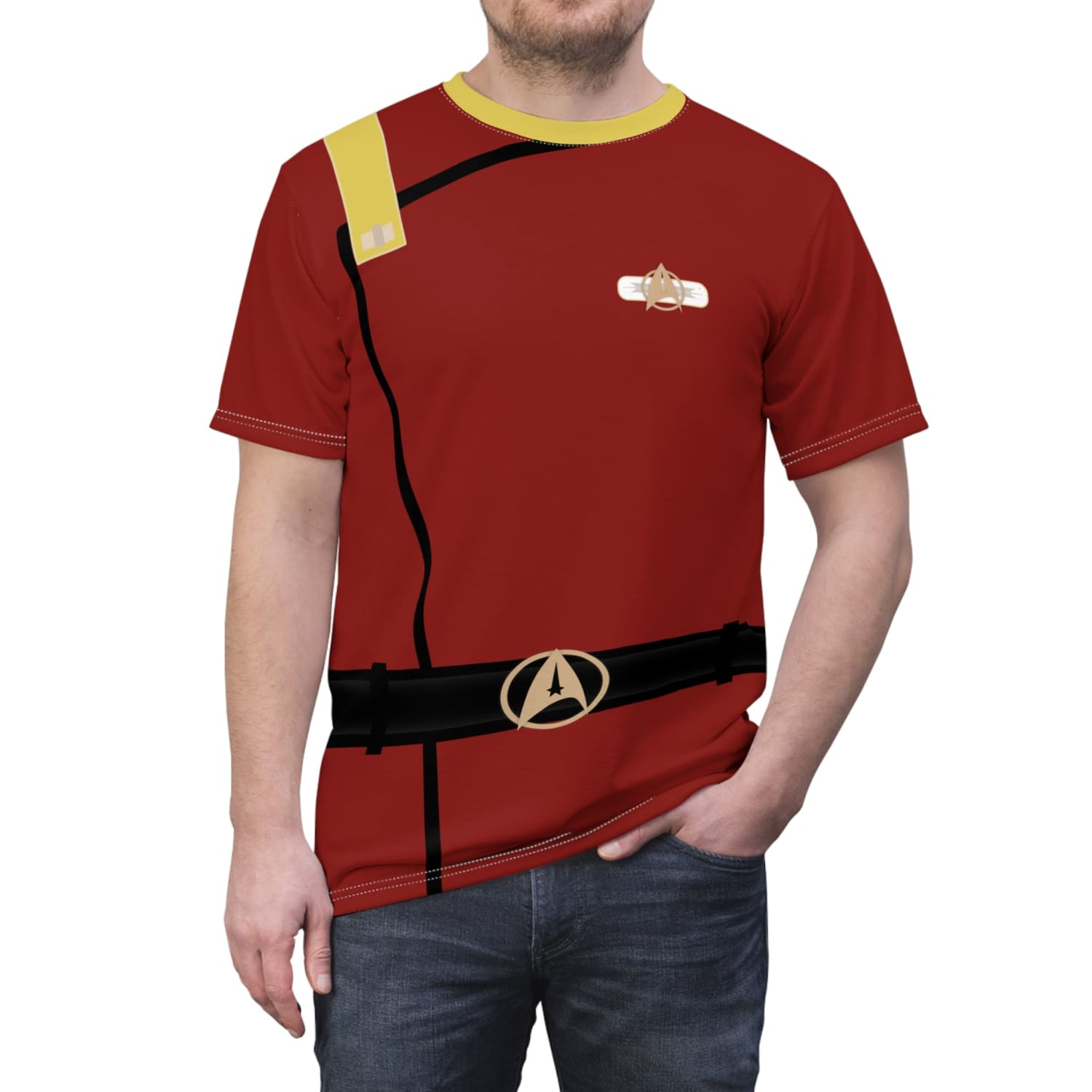 Trek Uniform Tee Movie - Operations Gold - Unisex AOP Tee - Monster Maroon - All Over Prints