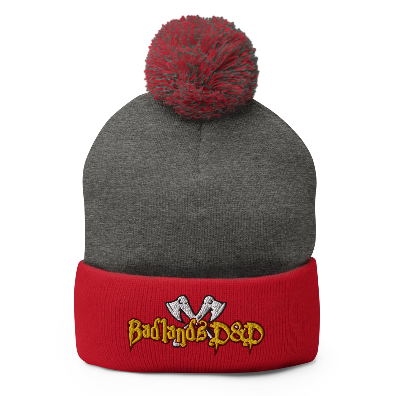 Badlands D&D Logo Pom-Pom Knit Beanie / Tuque - Dark Heather Grey/ Red