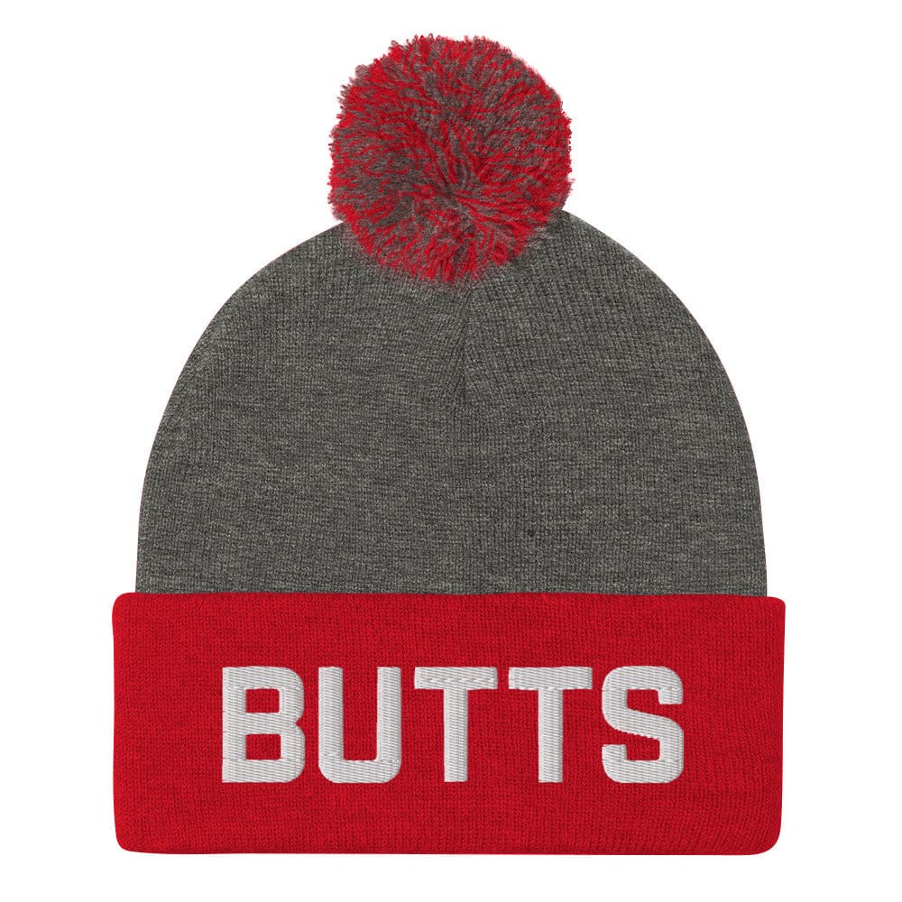 Butts Pom-Pom Beanie / Toque - Dark Heather Grey/ Red