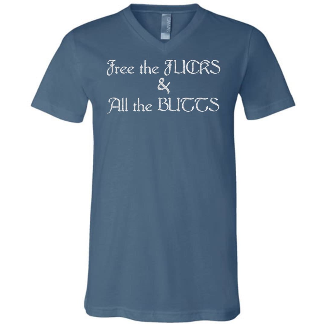 Chatty Fam Free the FUCKS & All the BUTTS Unisex Premium V-Neck Tee - Steel Blue / S