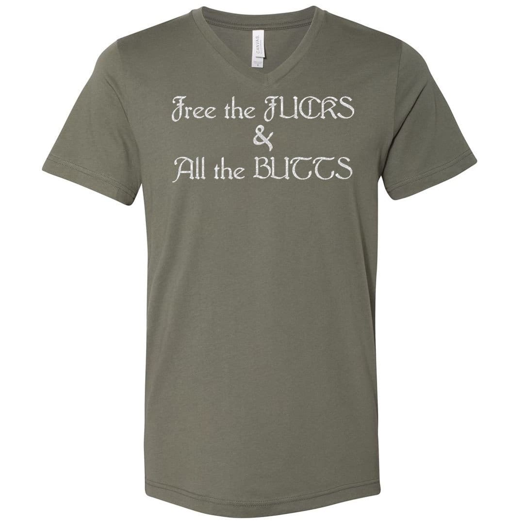 Chatty Fam Free the FUCKS & All the BUTTS Unisex Premium V-Neck Tee - Military Green / S