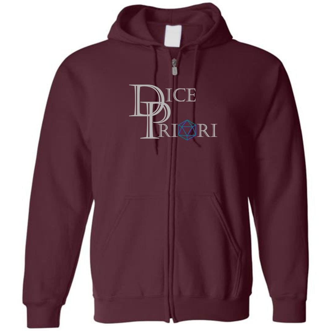 Dice Priori Classic Text Logo Dark Unisex Zip Hoodie - Maroon / S