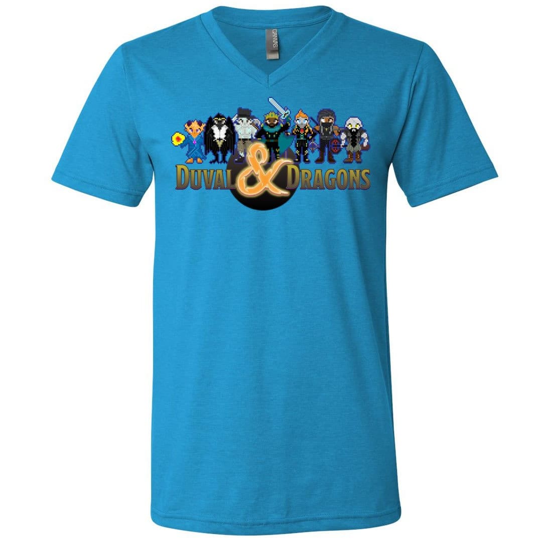 Duval & Dragons Pixel Art Logo Unisex Premium V-Neck Tee - Neon Blue / S