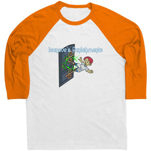 Isonove’s Punishments Door Kick Unisex 3/4 Sleeve Raglan Tee - White/ Neon Orange / S - Apparel