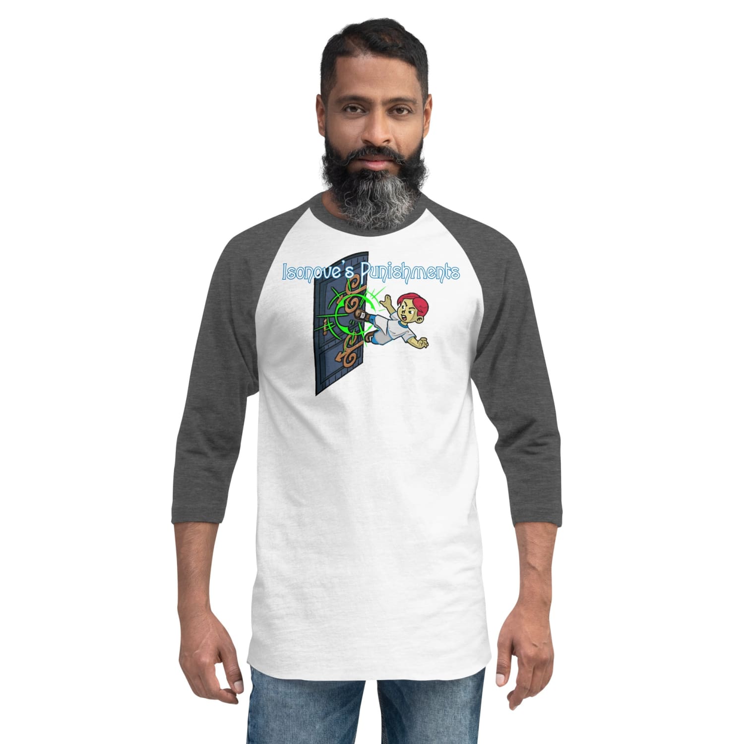 Isonove’s Punishments Door Kick Unisex Premium 3/4 Sleeve Raglan Tee - White/Heather Charcoal / XS