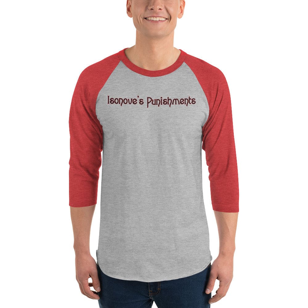 Isonove’s Punishments Text Unisex Premium 3/4 Sleeve Raglan Tee - Heather Grey/Heather Red / XS