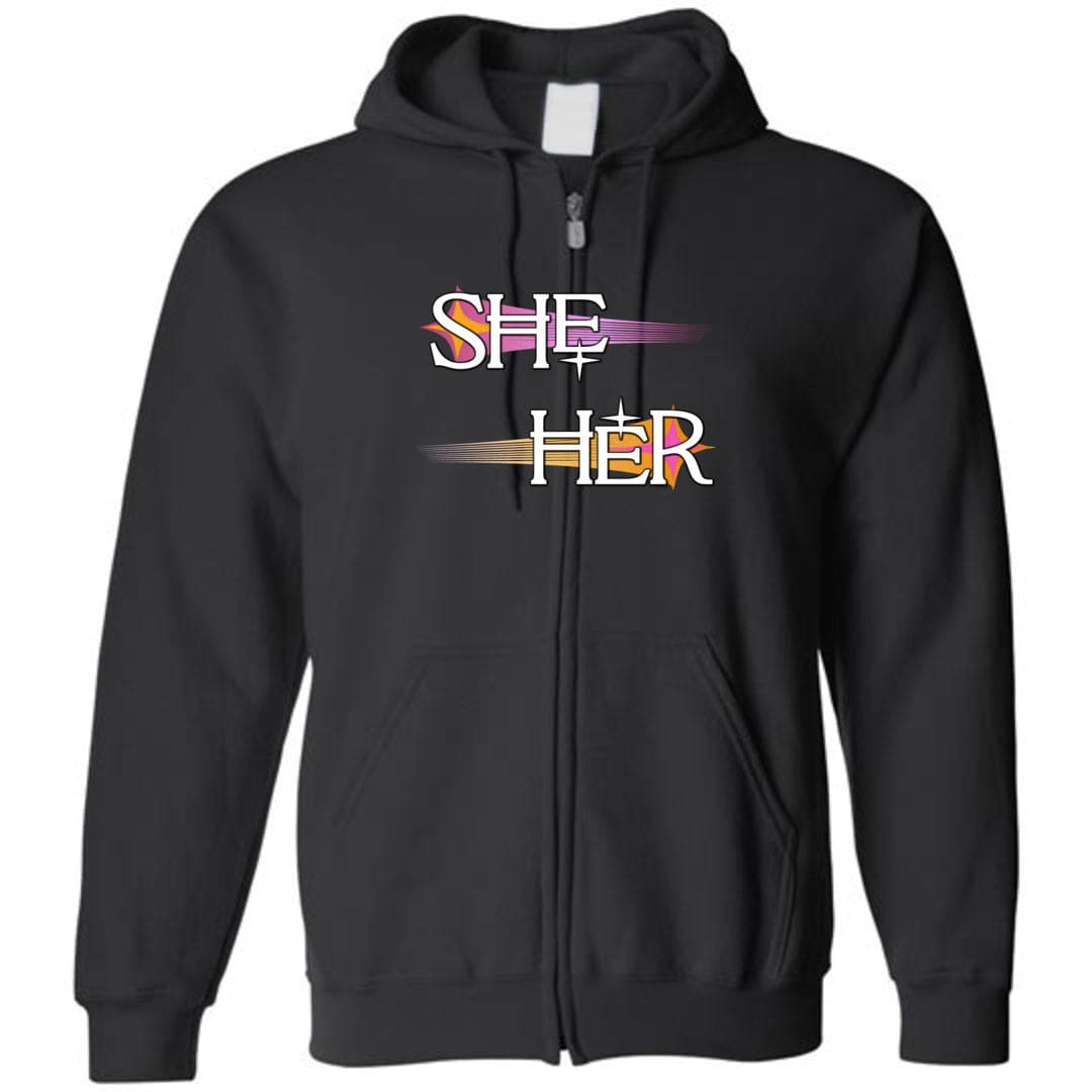 Pronoun Wishing Star She Her Unisex Zip Hoodie - Black / S - SoMattyGameZ