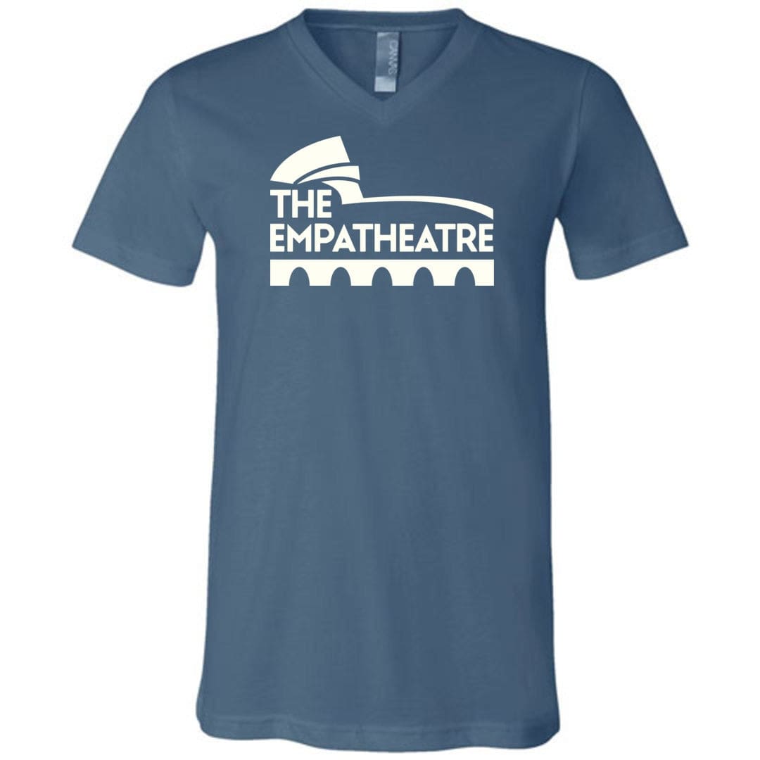 The Empatheatre Logo White Unisex Premium V-Neck Tee - Steel Blue / S