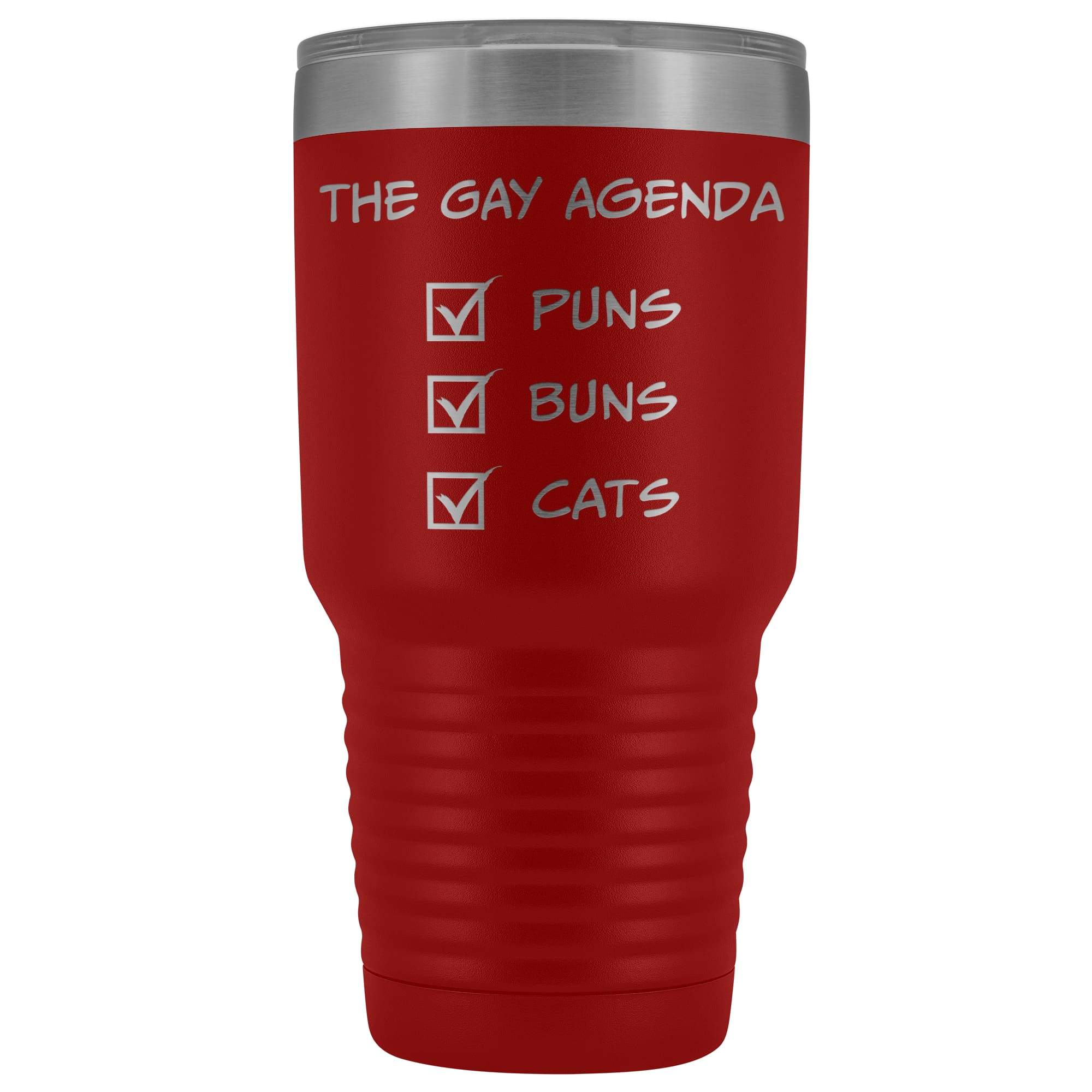 The Gay Agenda - Puns & Buns & Cats 30oz Vacuum Tumbler - Red - Tumblers
