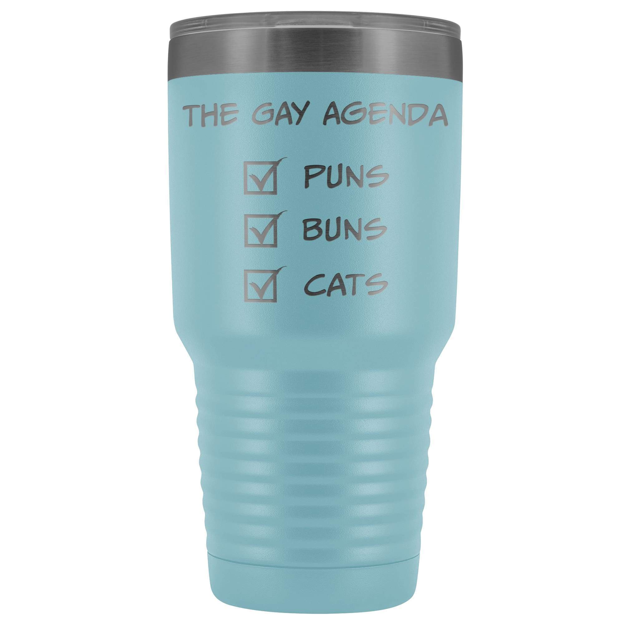 The Gay Agenda - Puns & Buns & Cats 30oz Vacuum Tumbler - Light Blue - Tumblers