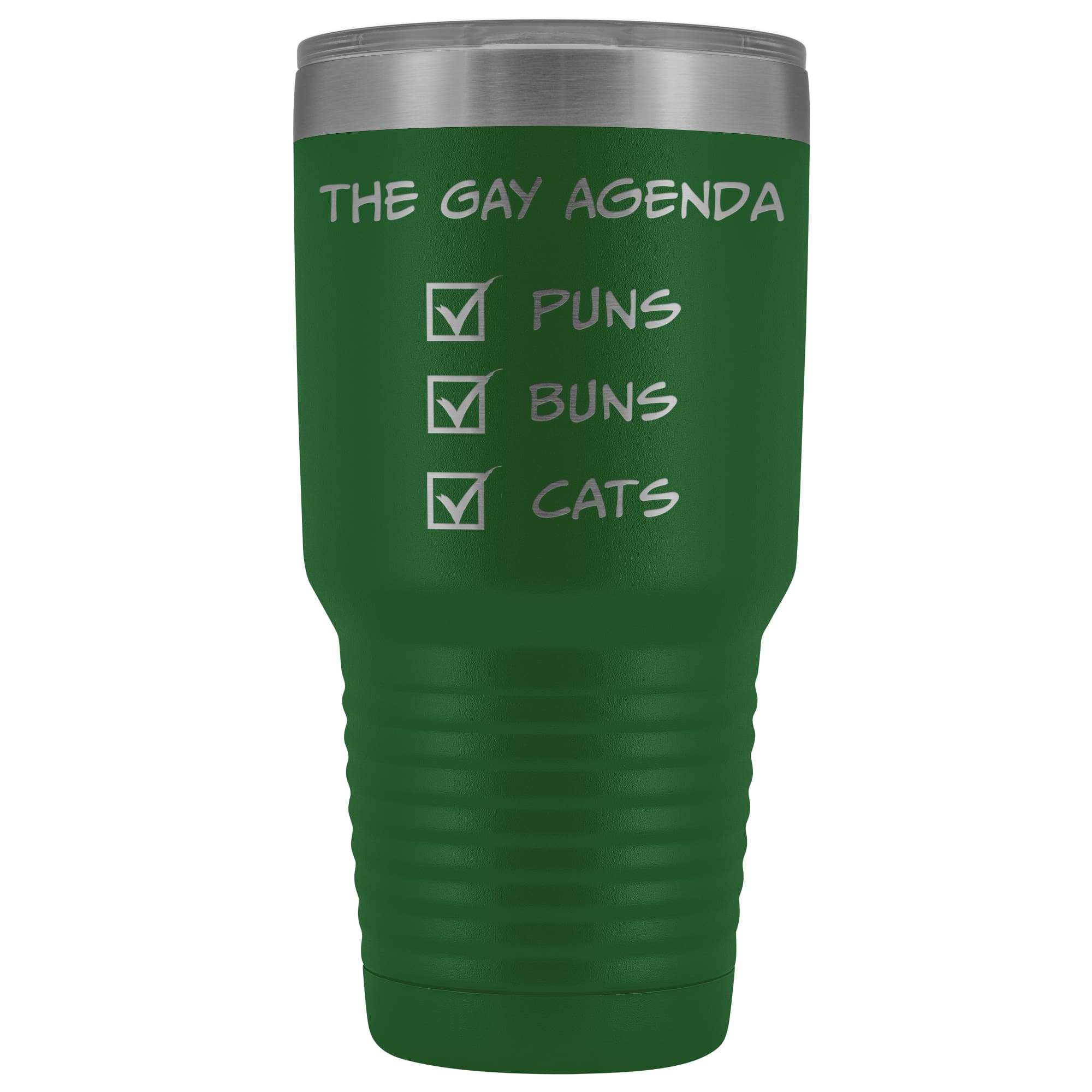 The Gay Agenda - Puns & Buns & Cats 30oz Vacuum Tumbler - Green - Tumblers