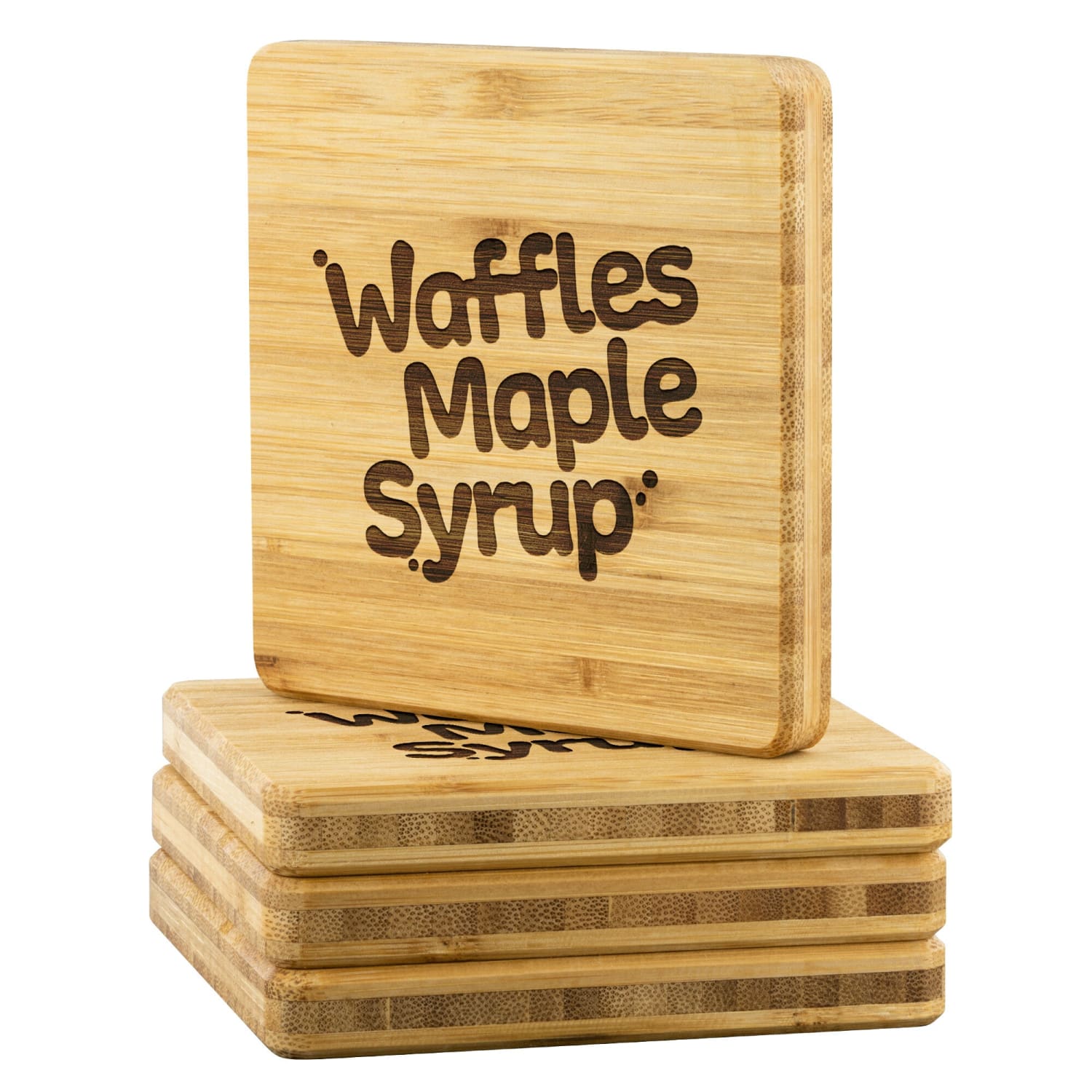 Waffles Maple Syrup Stacked Logo 4pc Bamboo Coaster Set - Home Goods